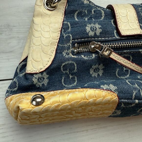 Y2K Gussaci Denim Monogram Faux Croc Leather Baguette Bag Purse Bling Big Buckle - Picture 6 of 13